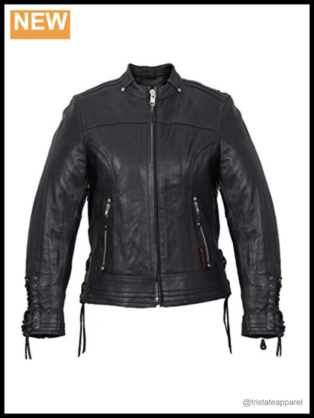 Genuine Cowhide Leather Lace-Up Sleeves Motorcycle Jacket Women's Quilted